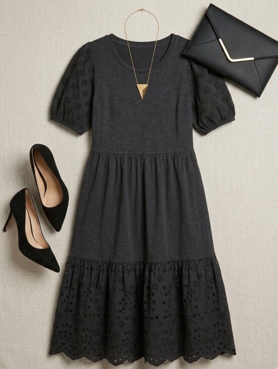 Chenault Dresses & Skirts - Chenault Black Eyelet Puff-Sleeve Midi Dress Size Large
